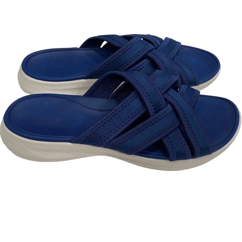 Lands End Women Navy Blue Crisscross Multi Strap Slide Sandals Sporty Comfort 12